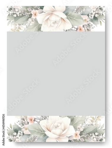Watercolor white jasmine wedding invitation card set. Border wedding card with elegant floral and leaves template.