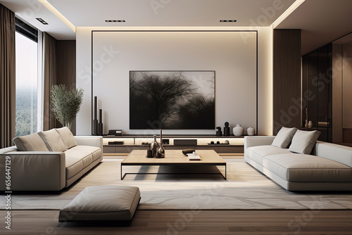 Interior of modern living room with white and brown walls, wooden floor, white sofas and tv on the wall