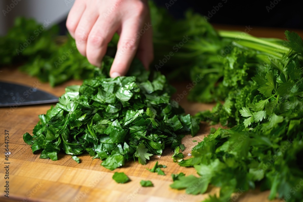 hand-chopping fresh parsley for grilled mussels hand-chopping fresh parsley for grilled mussels