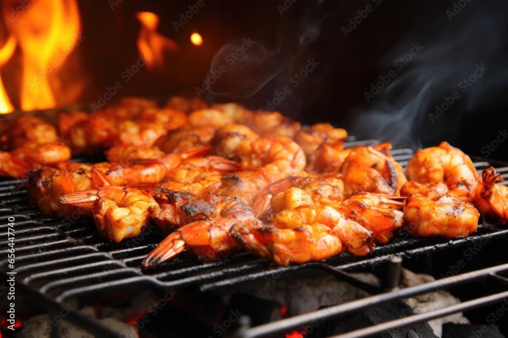 sizzling shrimp on hot grill with smoke around