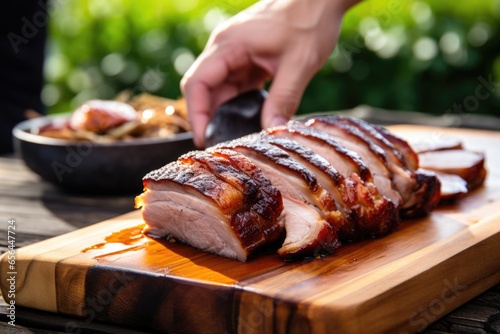 hand serving grilled pork belly on a wooden plate