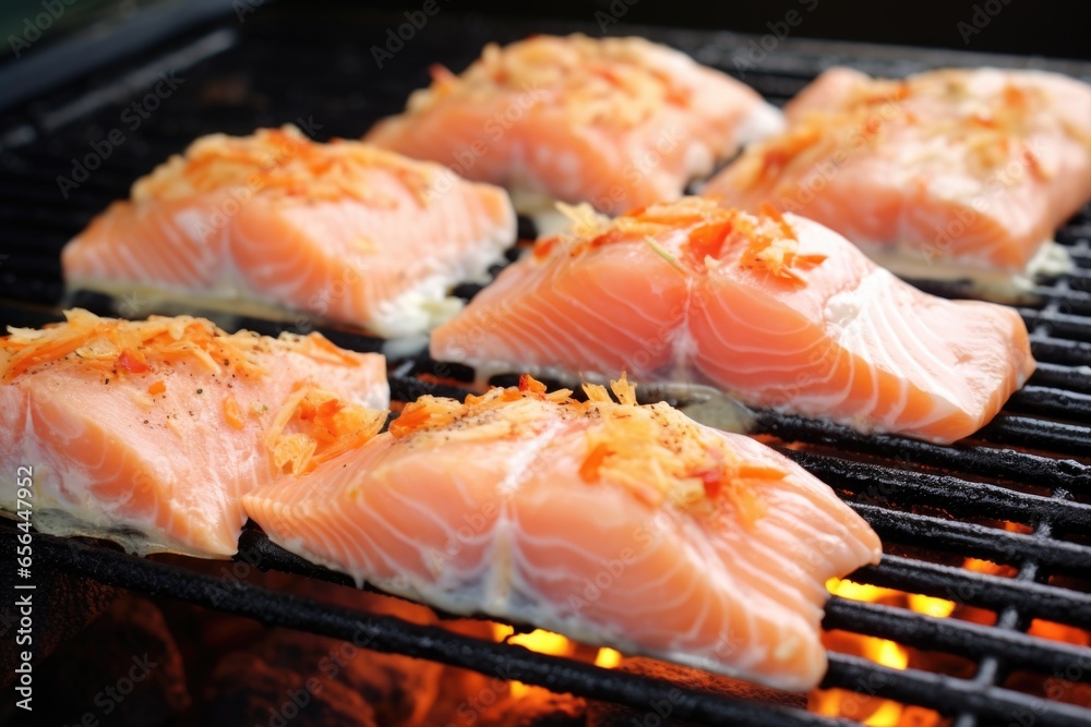 raw salmon fillets with apple cider marinade beside a bbq grill