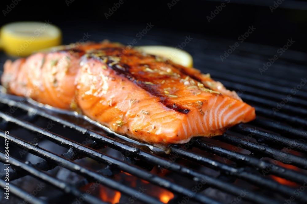 grilled salmon with apple cider glaze, close-up on bbq grid