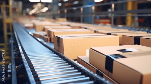 Boxes moving on a conveyor belt in a busy warehouse © mattegg