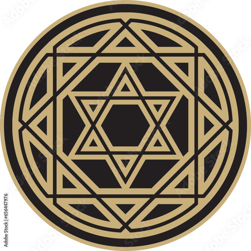 Vector round gold and black jewish national ornament. Star of David. Semitic folk circle, pattern. Israeli ethnic sign, ring..