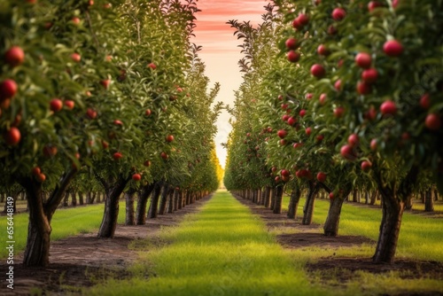 manicured apple orchard with rows of trees