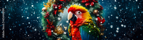 A charming image of a parrot perched on a colorful Christmas wreath as snow gently falls in the background.