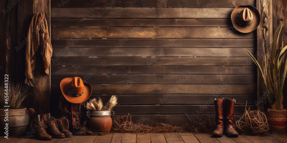 Cowboy interior. Old wooden wall background. Empty space. - obrazy, fototapety, plakaty 