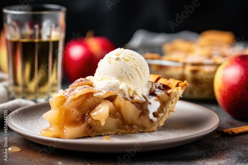 slice of apple pie with a scoop of melted vanilla ice cream