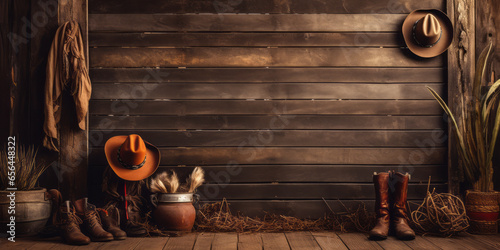 Cowboy interior. Old wooden wall background. Empty space.