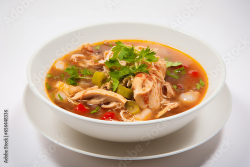 Hearty chicken gumbo soup on white tabletop