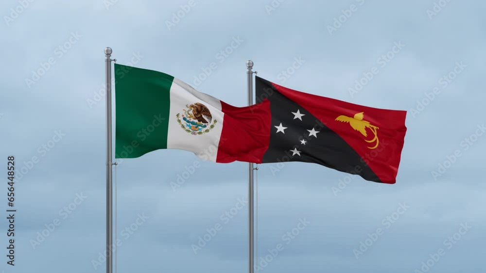 Papua New Guinea flag and Mexico flag waving together on cloudy sky, endless seamless loop, two country relations concept
