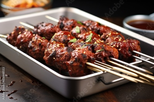 a stack of bbq meatball skewers on a stainless steel tray