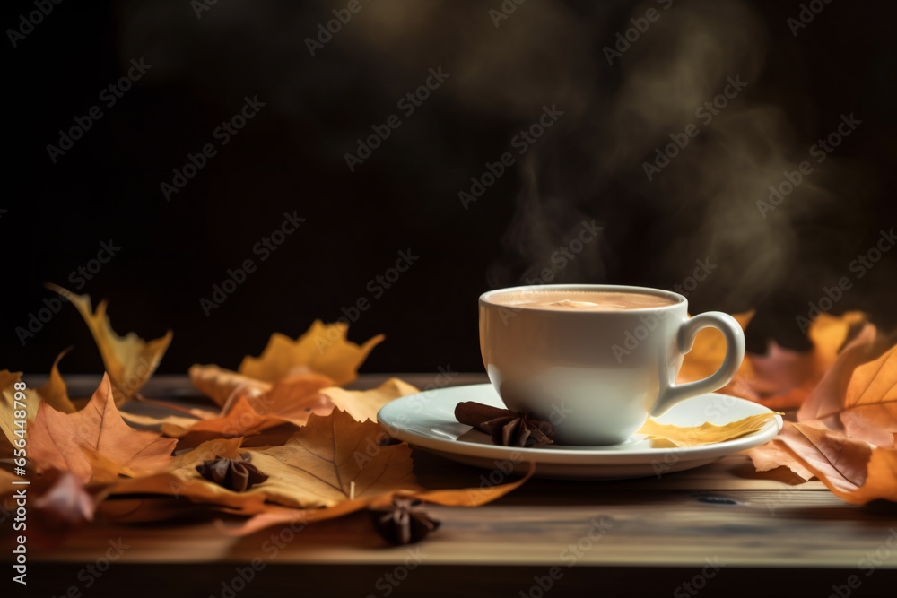 Autumn leaves with cup of coffee, ai generated Autumn leaves with cup of coffee, ai generated