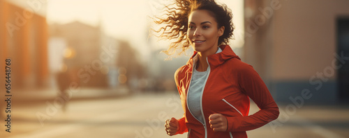 A beautiful young woman in sportswear jogging on the street
