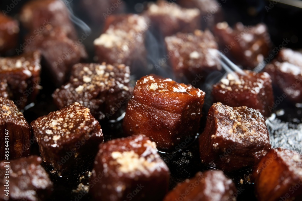 macro shot of bbq burnt ends sprinkled with coarse salt macro shot of bbq burnt ends sprinkled with coarse salt