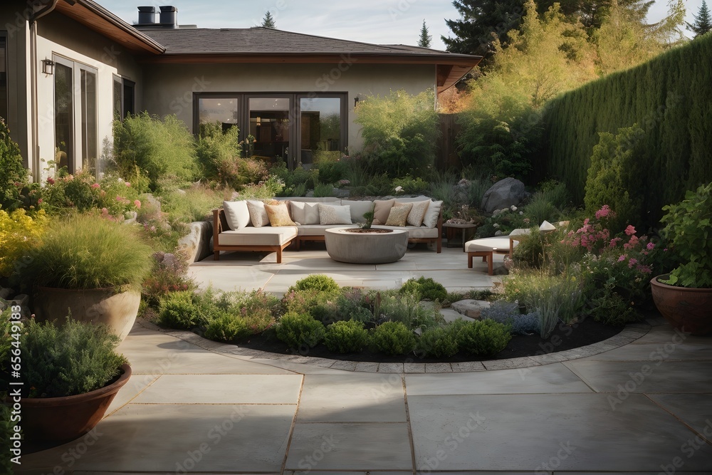 Stunning backyard garden and patio design on concrete floor. Generative AI.