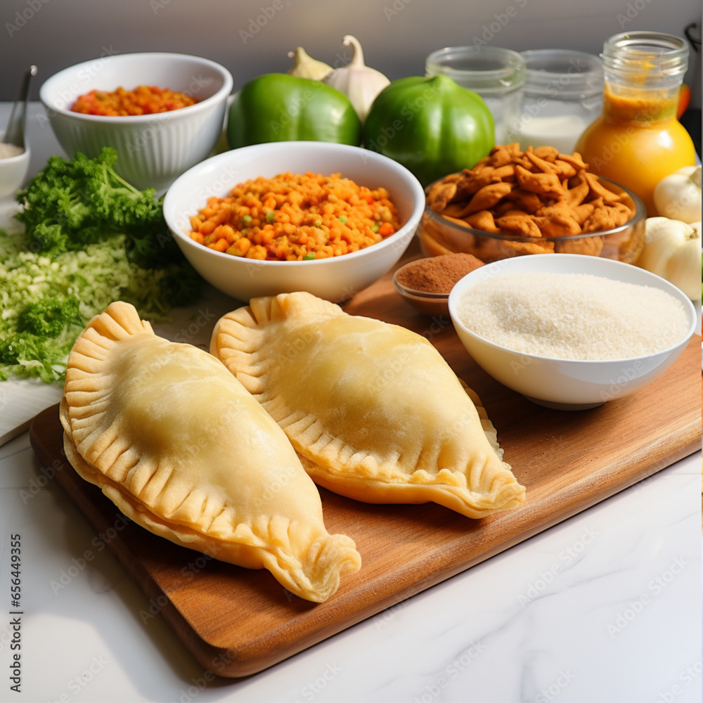 colombian empanada's, white marble kitchen island background, cloves garlic, onion, groud cumin and paprika, bowl of peas, carrot, bowl cornmeal