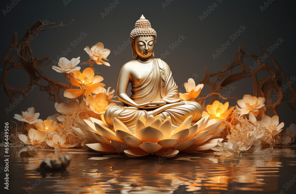 abstract glowing golden buddha and flowers 3d art