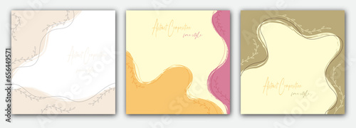 Handmade background layout with arbitrary shapes, plant elements and wavy lines. Modern, abstract design for social networks, websites, stylish interior and creative ideas