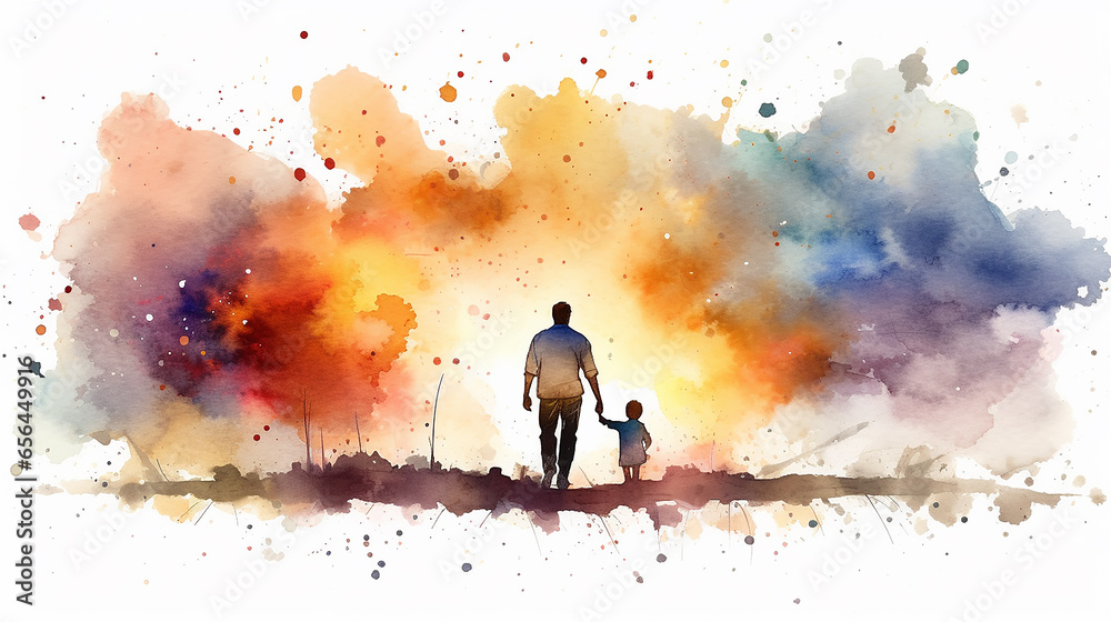 watercolor drawing isolated on a white background father walking hand in hand with his son view from the back. - obrazy, fototapety, plakaty 