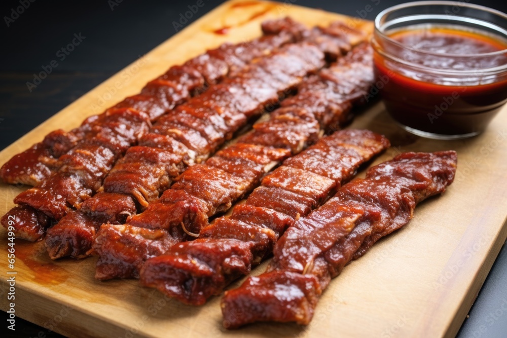 uncooked tempeh ribs with bbq sauce, before grilling