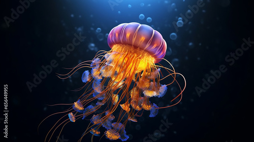 fantastic glowing jellyfish  ocean alien underwater creature.