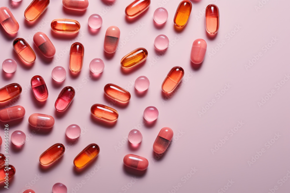 Different pills and capsules on pink background, flat lay Different pills and capsules on pink background, flat lay