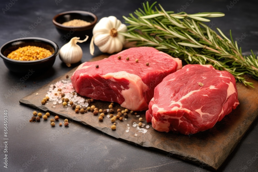 raw beef roast with garlic and rosemary on a stone countertop raw beef roast with garlic and rosemary on a stone countertop