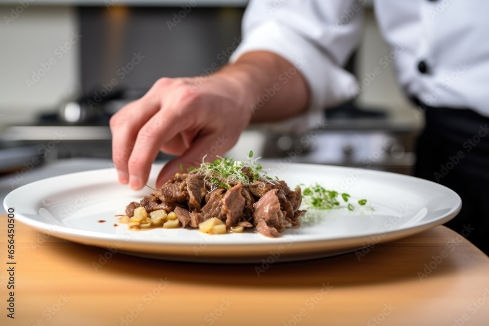 hand plating beef stroganoff onto a white ceramic plate
