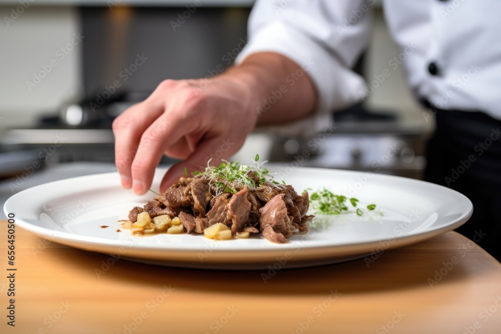 hand plating beef stroganoff onto a white ceramic plate hand plating beef stroganoff onto a white ceramic plate
