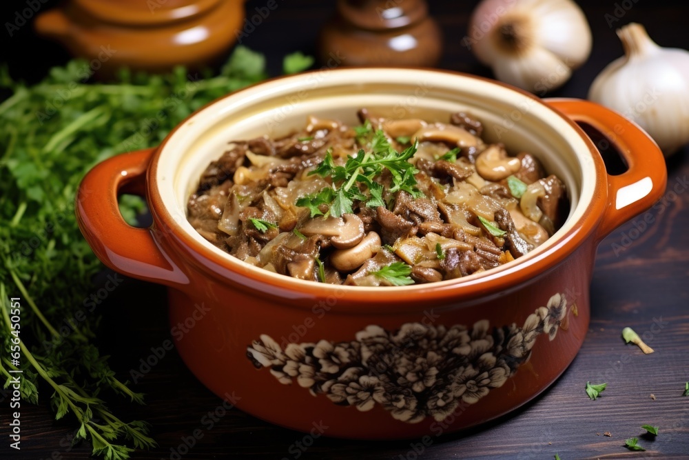 single serving of beef stroganoff in a mini casserole dish