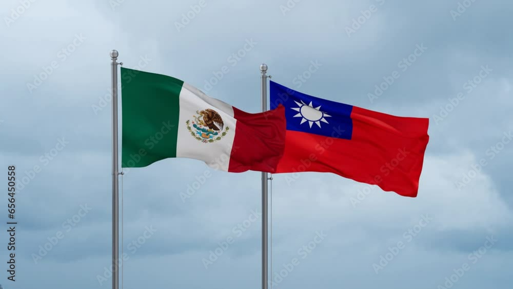 Taiwan and Mexico flag waving together on cloudy sky, endless seamless loop, two country cooperation concept