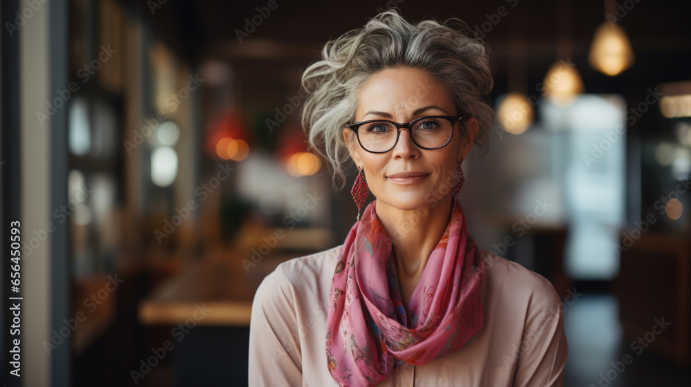 Business elegant beautiful elderly woman with gray hair hairstyle looking at camera while standing in office. Female senior portrait, executive or businesswoman banner with copy space - obrazy, fototapety, plakaty 
