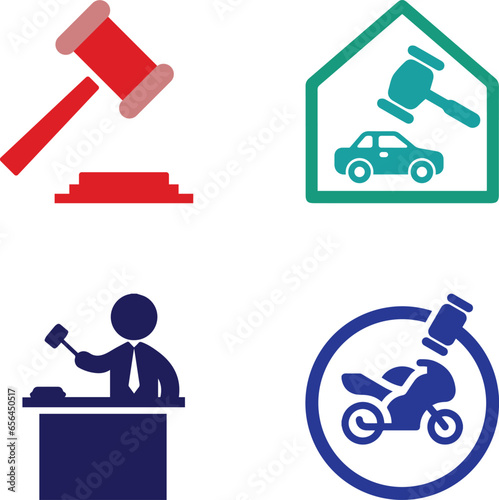 Elevate your online auction graphics with this comprehensive set of four meticulously designed icons. Perfect for use on various platforms, these icons portray the essential elements of the auction. photo