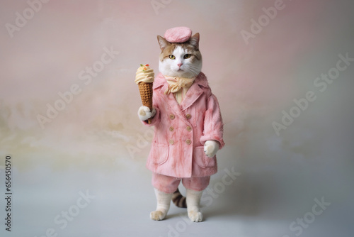 White and orange cat in a pink coat and hat, holding ice cream, full body shot, isolated, Generative AI