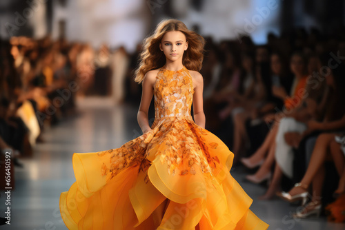 beautiful kid model walking on runway fashion show in designed dress © Kien