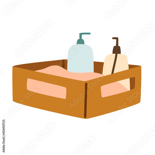 Basket with towels and shower accessories. Bathroom accessories. Cartoon vector illustration isolated on white background