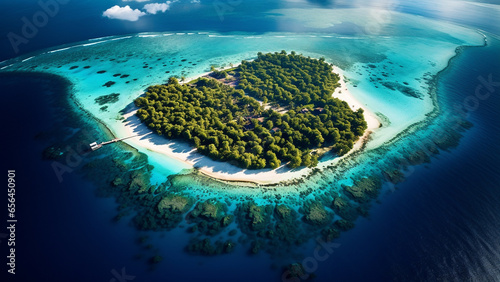 Stunning aerial view photo of a small island surrounded by coral in the Pacific Ocean