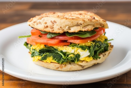 overhead shot of a breakfast sandwich with vegetables