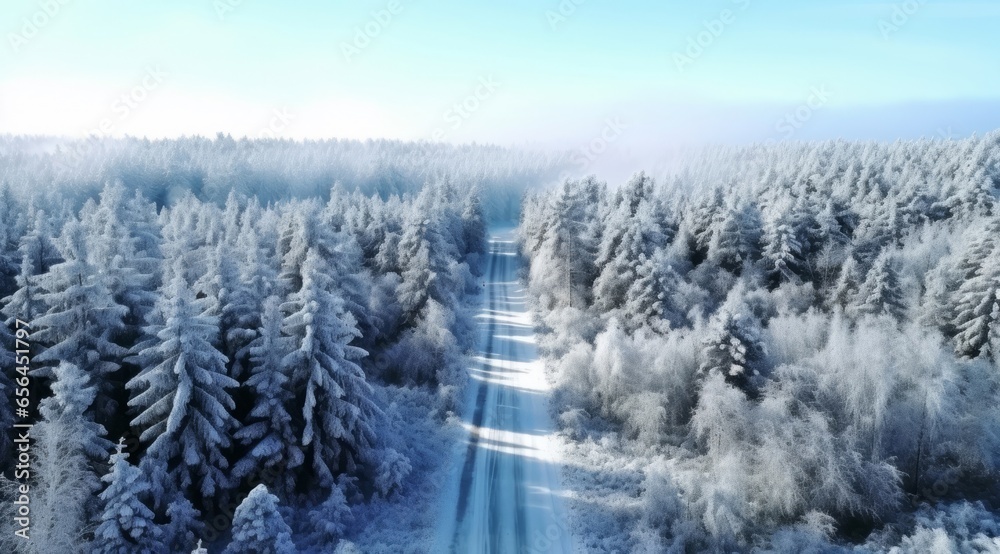 winter landscape and road top view. 