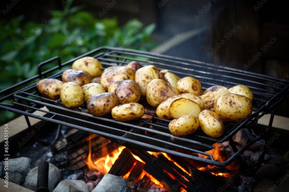 Naklejka premium potatoes on a makeshift grill over a campfire