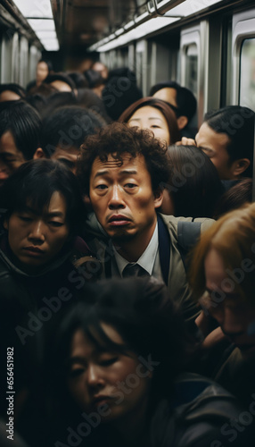 portrait of foreigner feeling hopeless in the japan train with full of people, extremly crowded  photo