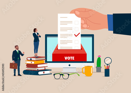 Online voting. Ballot box and a bulletin on monitor computer. Flat vector illustration