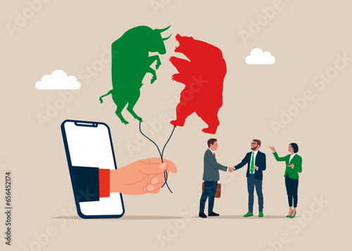 Business people and big hand with phone holding balloon bull and bear.  Vector illustration