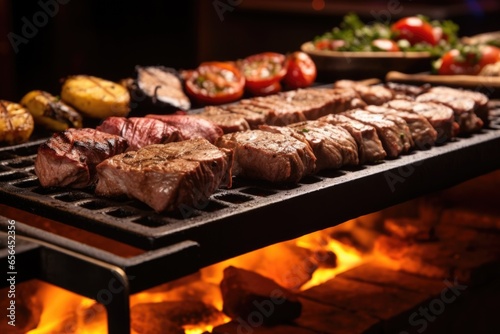a stone grill loaded with different types of churrasco