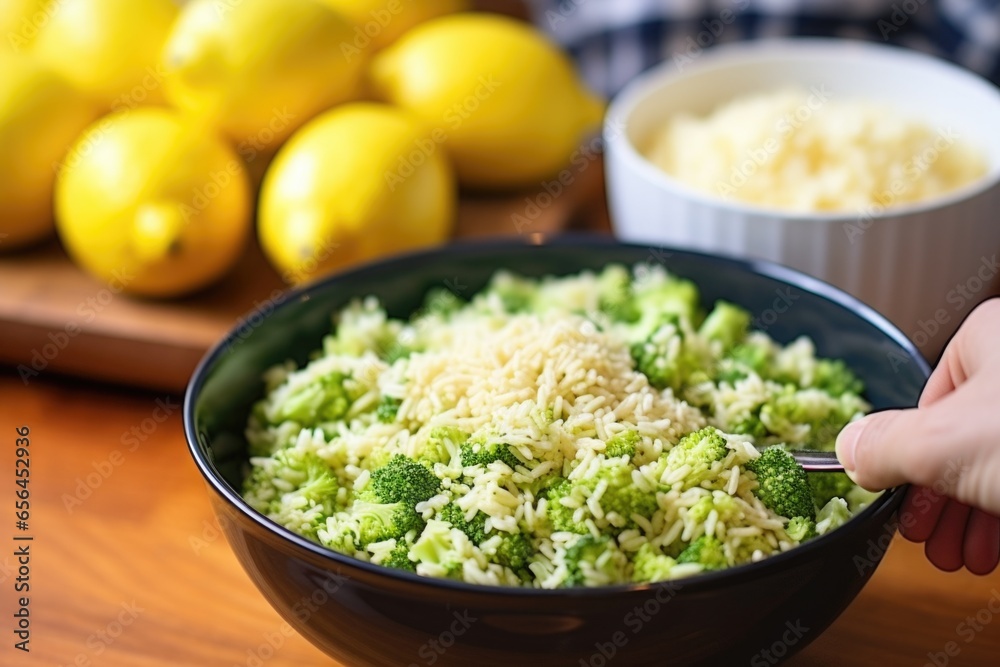 hand placing lemon slice onto fluffy broccoli rice
