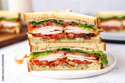 chicken club sandwich in half, with layers visible