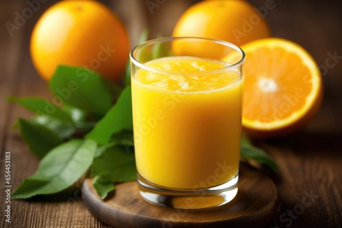glass of fresh orange juice with fresh fruits on wooden table, AI Generated