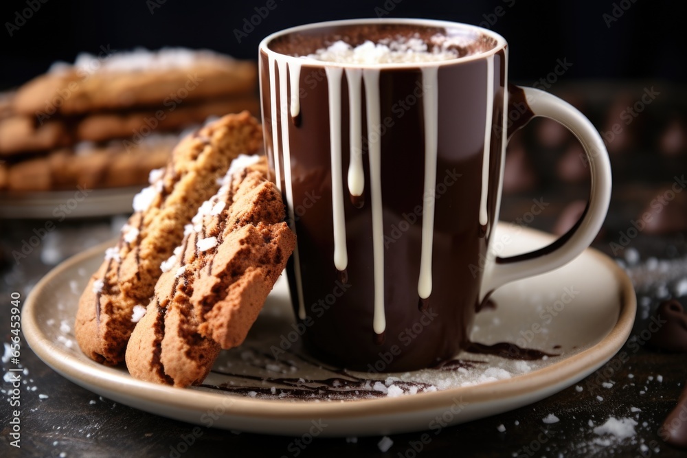 biscotti cookies standing upright in a cup of hot cocoa biscotti cookies standing upright in a cup of hot cocoa